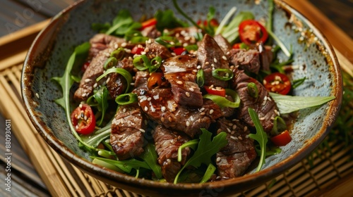 The national cuisine of Japan. Hot meat salad with chili and soy sauce.