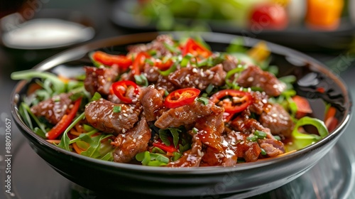 The national cuisine of Japan. Hot meat salad with chili and soy sauce.