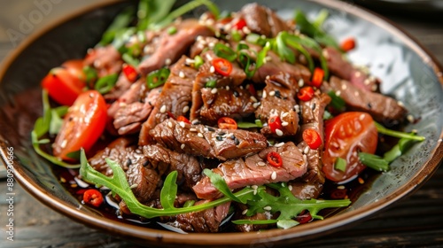 The national cuisine of Japan. Hot meat salad with chili and soy sauce.