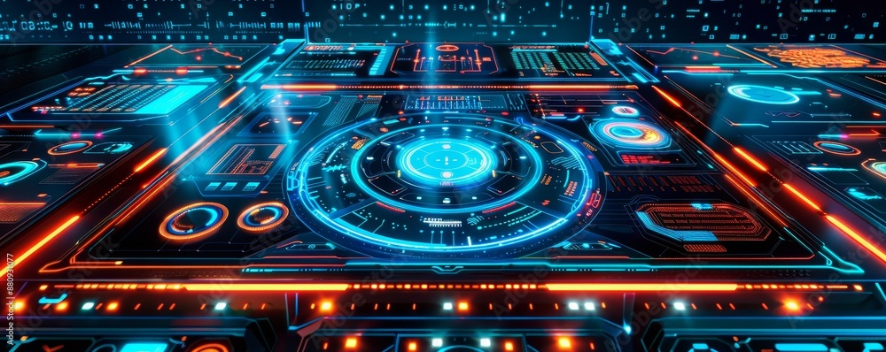 Fototapeta premium High-tech futuristic digital interface with glowing buttons and holographic displays, showcasing advanced technology and innovation.