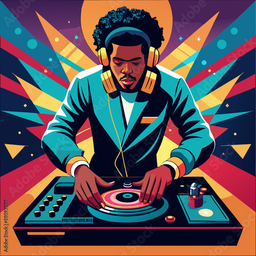 Black man dj on vinyl turntables retro style