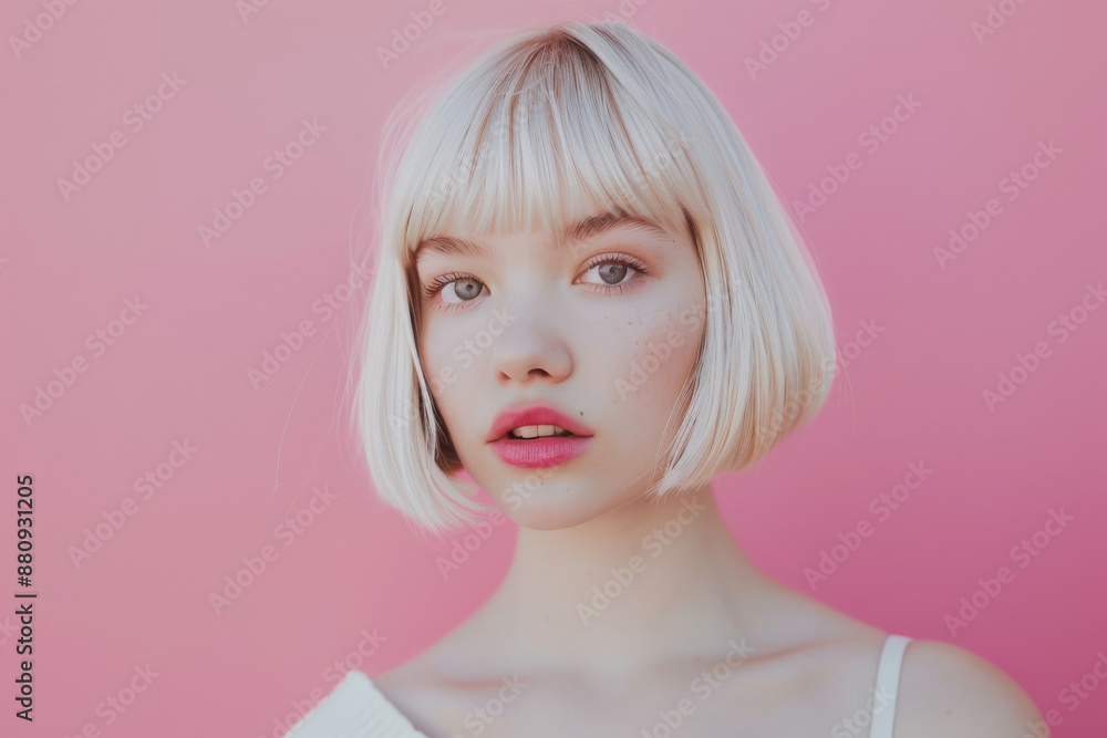 Woman with a platinum bob haircut gazes with a serene expression against a pastel pink backdrop, radiating freshness and youth. Woman with a platinum bob haircut gazes with a serene expression against a pastel pink backdrop, radiating freshness and youth.