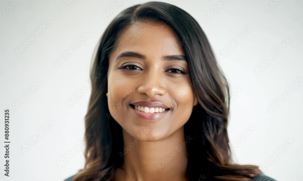Young indian woman with long dark hair smiles confidently on a white background, radiating happiness and glamour Young indian woman with long dark hair smiles confidently on a white background, radiating happiness and glamour