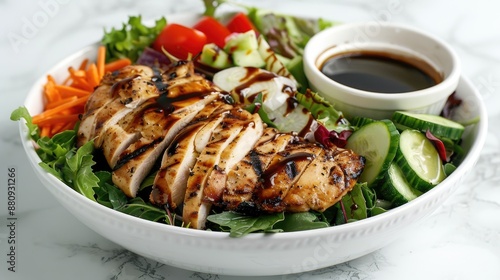 Balanced spring salad Grilled chicken fresh veggies balsamic dressing on white marble photo