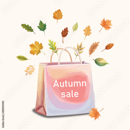 Autumn sale graphics Paper bags for shopping with colorful leaves