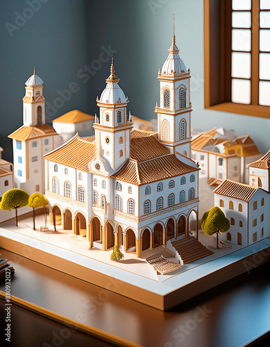 Vila histórica com igrejas e casas no estilo barroco em maquete feita de papel. Modelo sobre mesa com luz lateral natural.