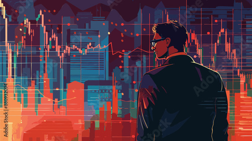 Visionary Trader Analyzing Market Volatility: Urban Skyline and Financial Charts