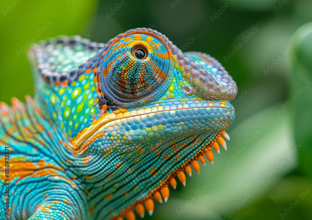 Fototapeta premium Close-up of colorful chameleon in natural habitat