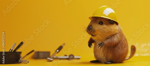 Beaver builder. Cute character with yellow helmet on construction state. Animal rodent handyman on clean yellow background with copyspace for template photo