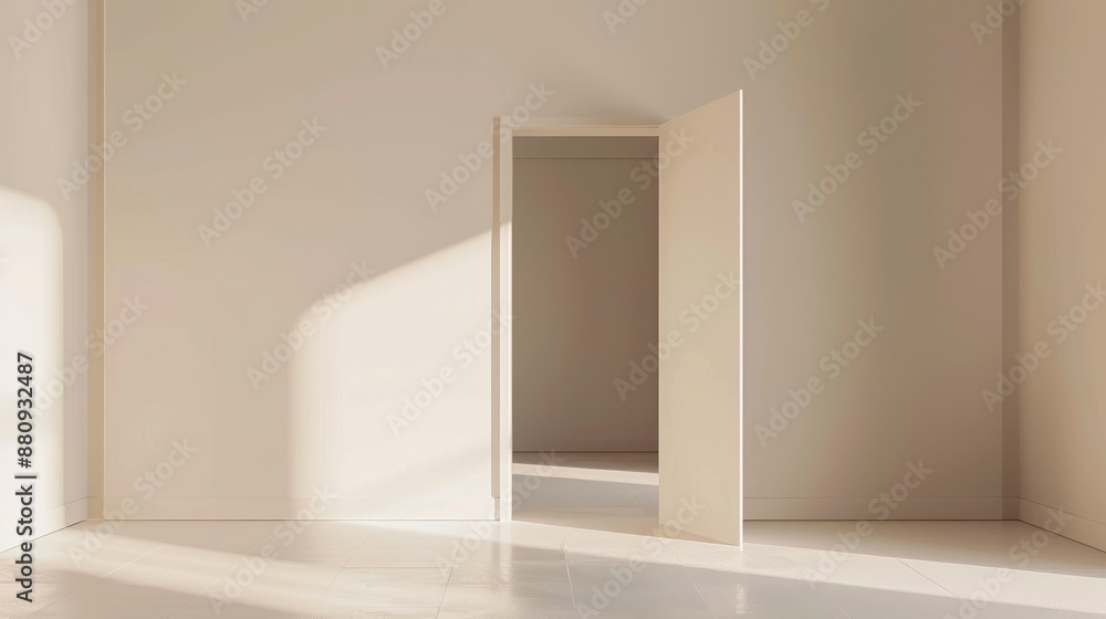 A minimalist scene of an empty room with an open door leading to a beige modern bedroom, soft lighting and clean lines creating a serene and elegant atmosphere A minimalist scene of an empty room with an open door leading to a beige modern bedroom, soft lighting and clean lines creating a serene and elegant atmosphere