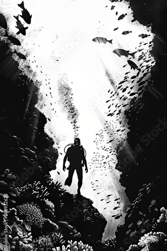 A black and white sketch of a diver exploring a coral reef
