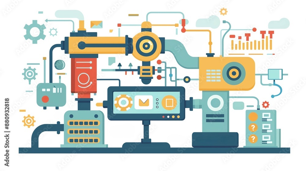 Mechanical device with digital touch screen, flat design illustration Mechanical device with digital touch screen, flat design illustration