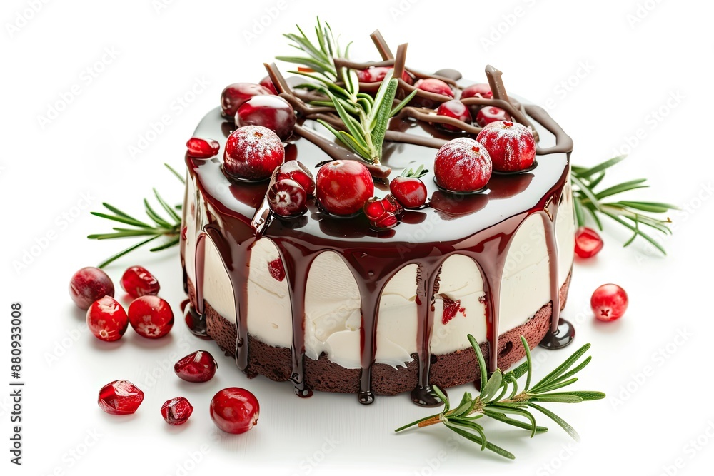 Traditional Christmas cake decorated with glaze, pomegranate seeds, cranberries and rosemary isolated on white Traditional Christmas cake decorated with glaze, pomegranate seeds, cranberries and rosemary isolated on white