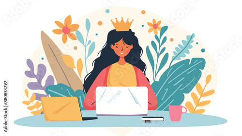 Empowered Digital Queen: Creative Woman Crafting Engaging Content on Laptop Amidst Vibrant Floral Workspace