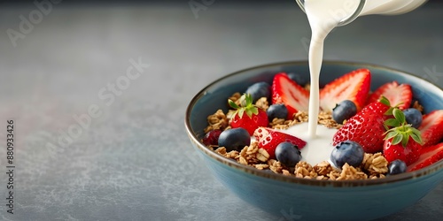 Topping a bowl of granola with strawberries and blueberries with milk. Concept Fruit, Granola, Breakfast, Healthy Eating, Food Photography photo