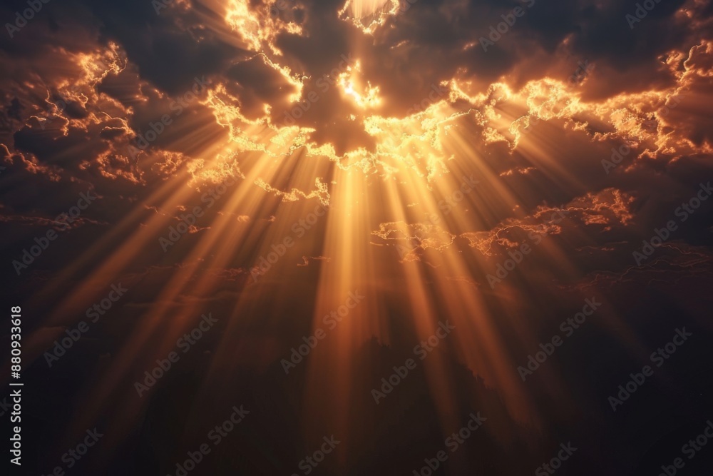 Fototapeta premium Golden Rays of Sunlight Through Clouds