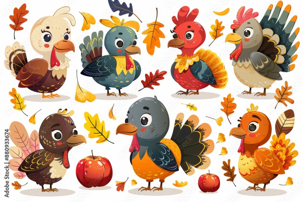 Fototapeta premium Thanksgiving Turkeys & Fall Leaves