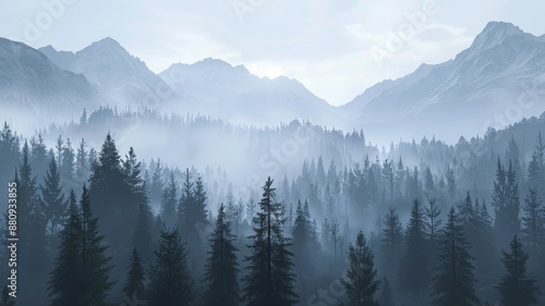 beautiful foggy misty mountains and dark fir forests landscape scenic view. breathtaking nature. wallpaper background for ads, prints, web design.