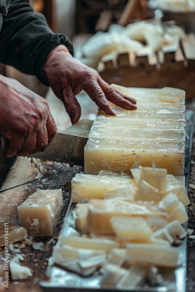 Handcrafted Soap Making Process: Cutting Freshly Made Artisan Soap Bars for Natural Skincare Products Handcrafted Soap Making Process: Cutting Freshly Made Artisan Soap Bars for Natural Skincare Products