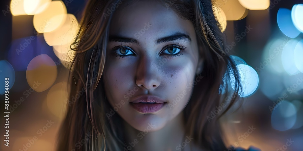 Portrait of a young woman with a neutral expression in a fictional night setting. Concept Portrait Photography, Neutral Expression, Fictional Setting, Night Time Portrait, Young Woman Portrait of a young woman with a neutral expression in a fictional night setting. Concept Portrait Photography, Neutral Expression, Fictional Setting, Night Time Portrait, Young Woman