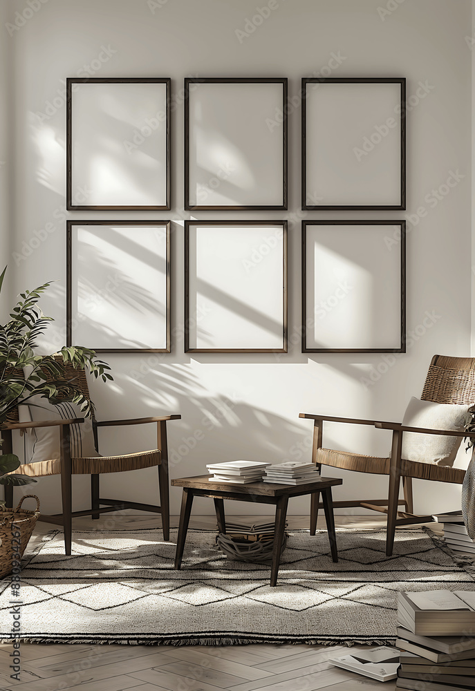 Fototapeta premium Stylish Reading Nook with Six Empty Mock-up Frames and Wooden Furniture in Natural Light