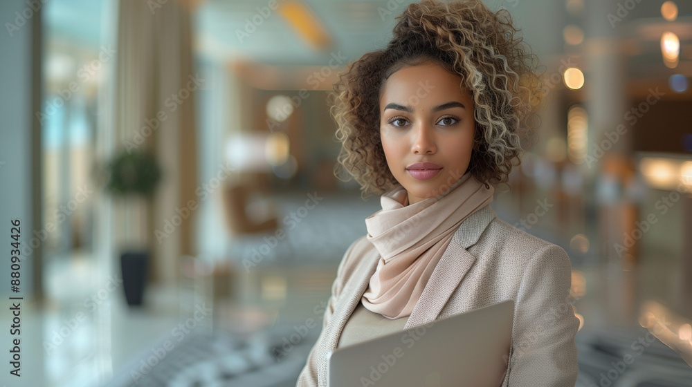 Portrait corporate d'une femme en costume clair dans un hall contemporain lumineux, femme de pouvoir et de leadership tenant son ordinateur Portrait corporate d'une femme en costume clair dans un hall contemporain lumineux, femme de pouvoir et de leadership tenant son ordinateur