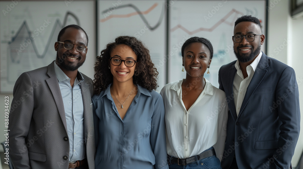 Equipe de consultants d'origines diverses, cadres en costume devant un tableau avec des graphiques, image de la diversité en entreprise Equipe de consultants d'origines diverses, cadres en costume devant un tableau avec des graphiques, image de la diversité en entreprise