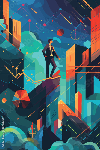 Visionary Businessman Navigating Futuristic Cityscape: Abstract Financial Success Illustration