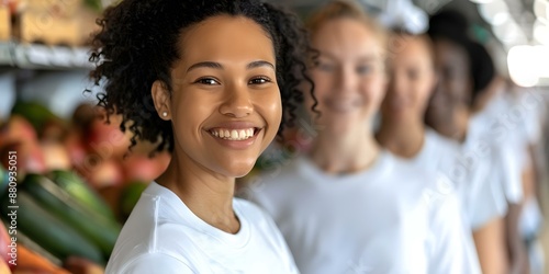 Young women of diverse ethnic backgrounds volunteer at church food bank event. Concept Community Service, Diversity, Young Women, Food Bank, Church Event