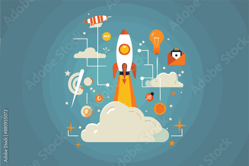 Innovative Startup Launch: Rocket Soaring Through Cloud of Business Ideas and Technology Concepts