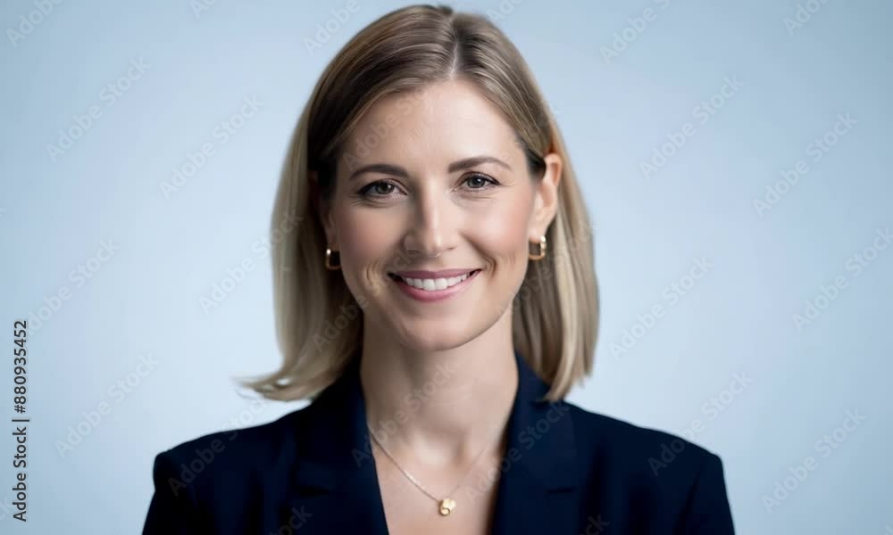 Confident businesswoman in stylish blue suit against matching background exudes professionalism and approachability, embodying success and leadership Confident businesswoman in stylish blue suit against matching background exudes professionalism and approachability, embodying success and leadership