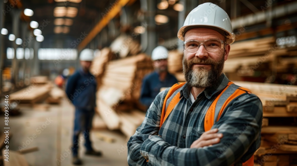 Portrait of a male carpenter at a construction site leading a team of carpenters Portrait of a male carpenter at a construction site leading a team of carpenters
