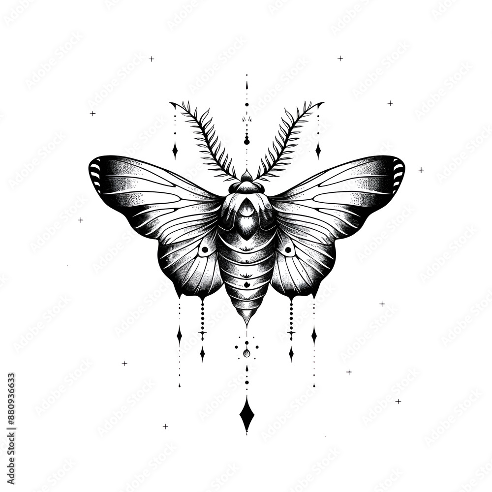 Fototapeta premium Hand drawn Black moth in a minimal linocut style, tattoo design isolated on white background
