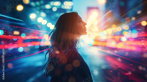 Woman in Vibrant Cityscape. Silhouette of Female Amidst Neon Lights and Speeding Colors in a Futuristic Urban Night Scene.