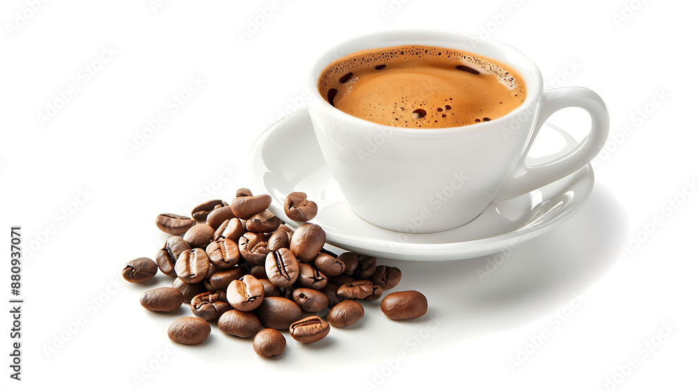 Energizing Espresso Shot with Fresh Coffee Beans on White Background for Coffee Lovers and Cafe Concepts Energizing Espresso Shot with Fresh Coffee Beans on White Background for Coffee Lovers and Cafe Concepts