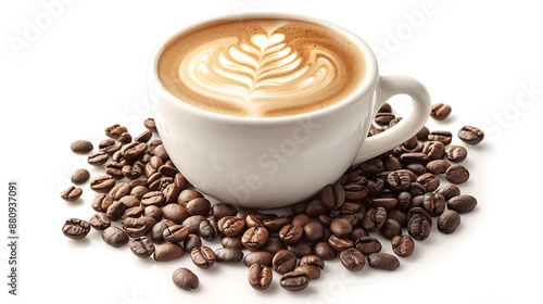 Artistic Latte Presentation with Coffee Beans on White Background