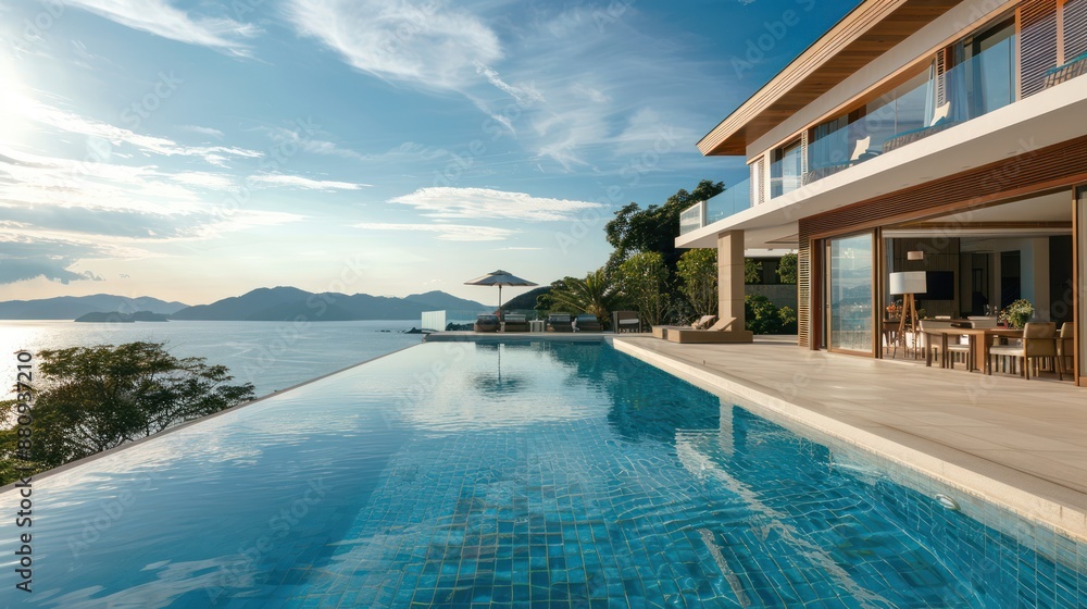 Fototapeta premium Luxurious villa with infinity pool overlooking the sea.