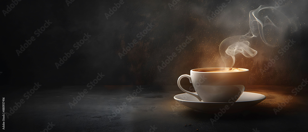 Cozy Morning Vibes: Steaming Cup of Coffee on Dark Textured Background with Copy Space, Emphasizing Warmth and Richness Cozy Morning Vibes: Steaming Cup of Coffee on Dark Textured Background with Copy Space, Emphasizing Warmth and Richness