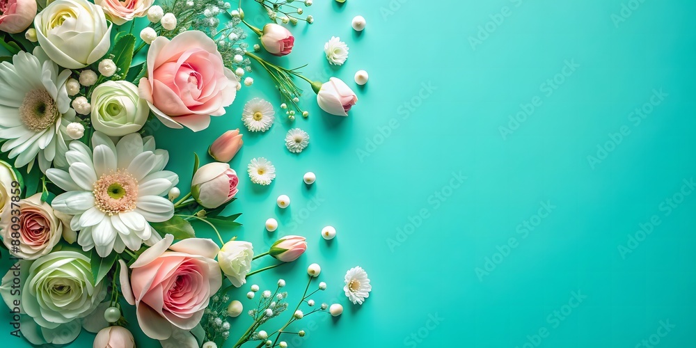 flowers on blue background top view in flat lay style flowers on blue background top view in flat lay style