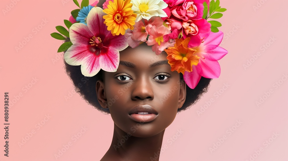 A woman with a flower crown on her head. The flowers are in various colors and are arranged in a way that makes the woman look beautiful A woman with a flower crown on her head. The flowers are in various colors and are arranged in a way that makes the woman look beautiful