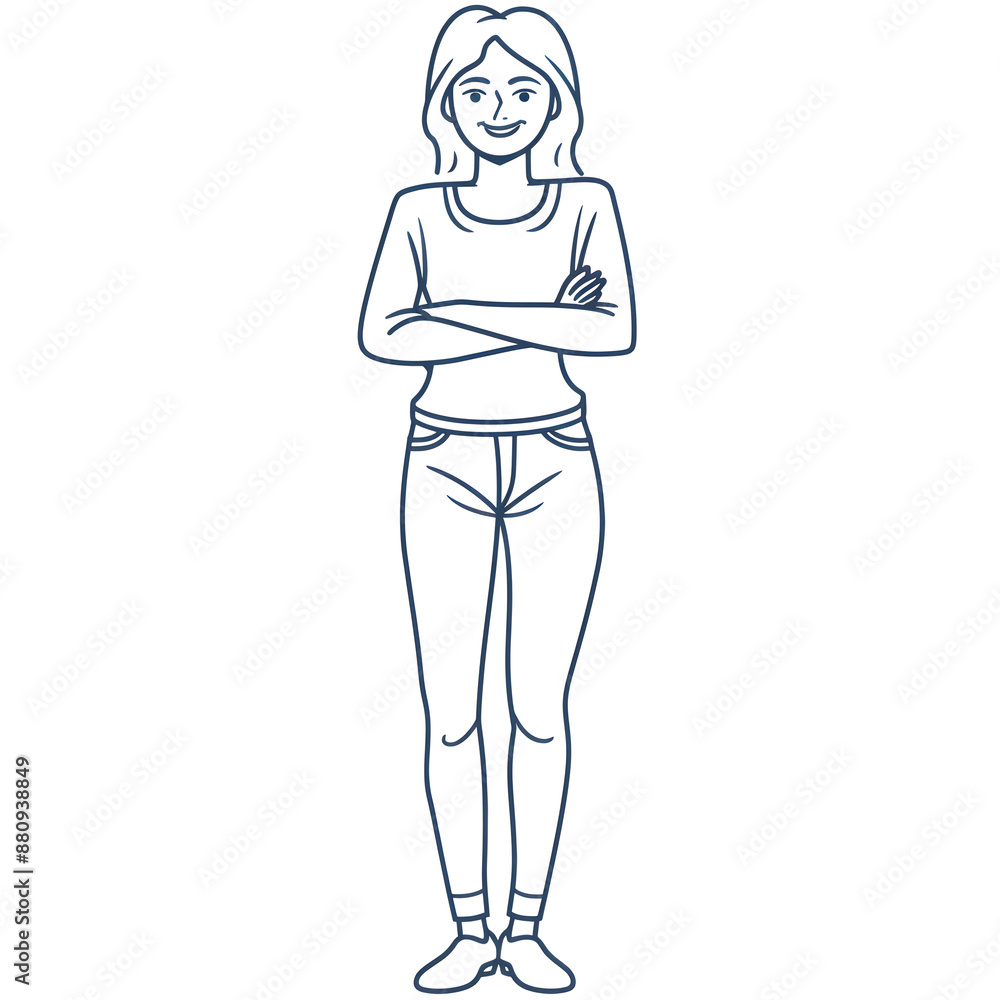 Cartoon woman smiling, full body standing, isolated on white background. Flat design, outline. Solid color. Cartoon woman smiling, full body standing, isolated on white background. Flat design, outline. Solid color.