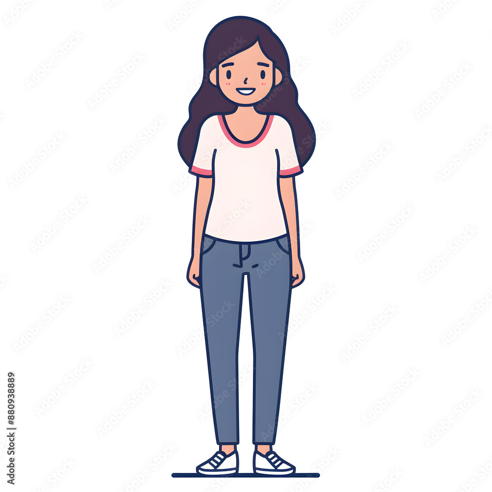Cartoon woman smiling, full body standing, isolated on white background. Flat design, outline. Solid color. Cartoon woman smiling, full body standing, isolated on white background. Flat design, outline. Solid color.