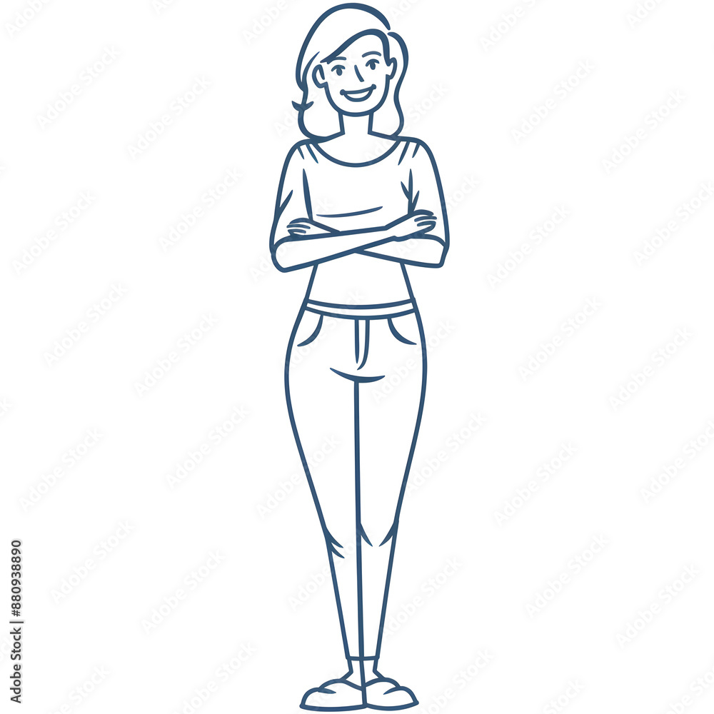 Cartoon woman smiling, full body standing, isolated on white background. Flat design, outline. Solid color. Cartoon woman smiling, full body standing, isolated on white background. Flat design, outline. Solid color.