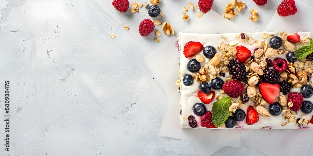 Healthy and Tasty Snack Yogurt Bark with Nuts, Berries, and Granola. Concept Yogurt Bark, Healthy Snack, Nuts, Berries, Granola, Tasty Bite Healthy and Tasty Snack Yogurt Bark with Nuts, Berries, and Granola. Concept Yogurt Bark, Healthy Snack, Nuts, Berries, Granola, Tasty Bite