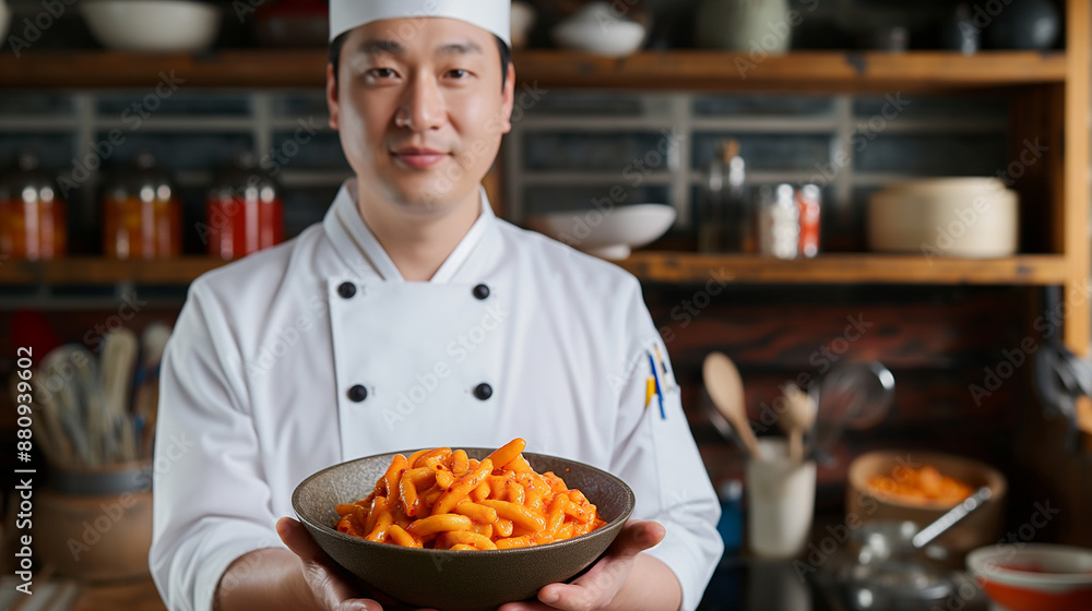 A chef holding a bowl of pasta in front of a kitchen A chef holding a bowl of pasta in front of a kitchen