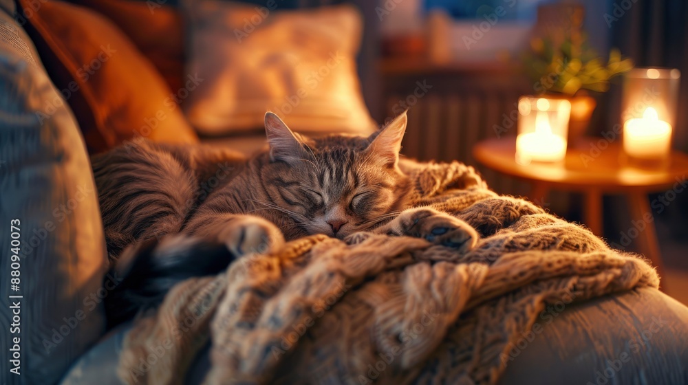A cat sleeping peacefully on a sofa, cozy living room with soft ambient lighting, warm blankets and cushions A cat sleeping peacefully on a sofa, cozy living room with soft ambient lighting, warm blankets and cushions