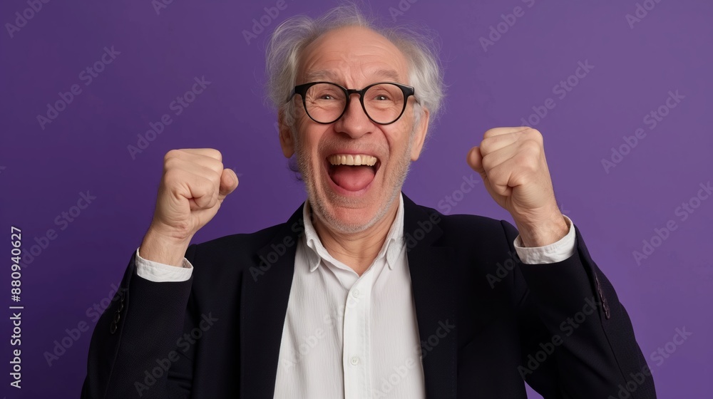 A man in a suit and glasses is smiling and raising his hands in the air. He looks happy and excited A man in a suit and glasses is smiling and raising his hands in the air. He looks happy and excited
