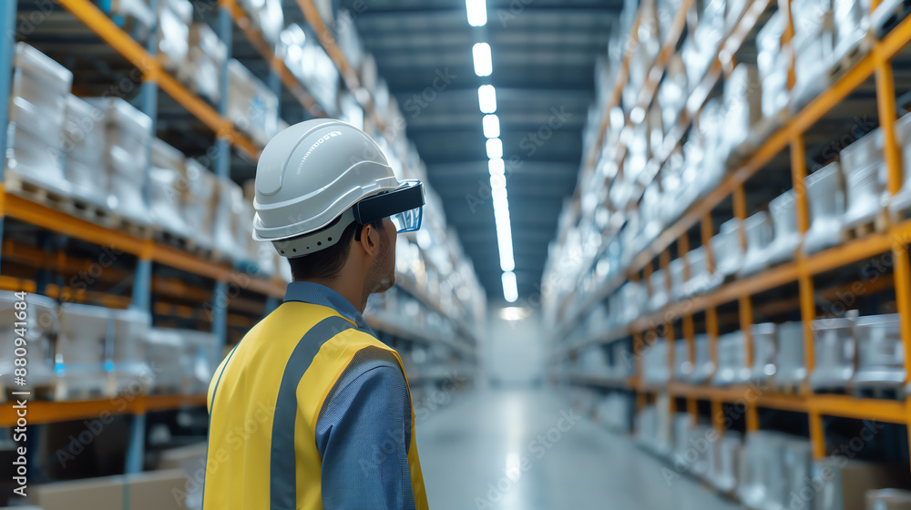 Warehouse workers with AR glasses scanning barcodes, augmented reality in logistics, high-tech inventory control Warehouse workers with AR glasses scanning barcodes, augmented reality in logistics, high-tech inventory control