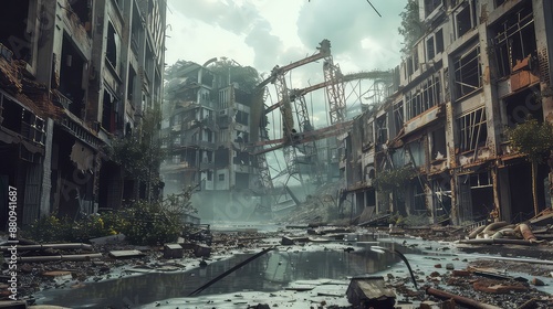 Post-apocalyptic abandoned city. Destroyed buildings, burning rubble, polluted water and air. Devastated remains of post-apocalyptic terrain photo