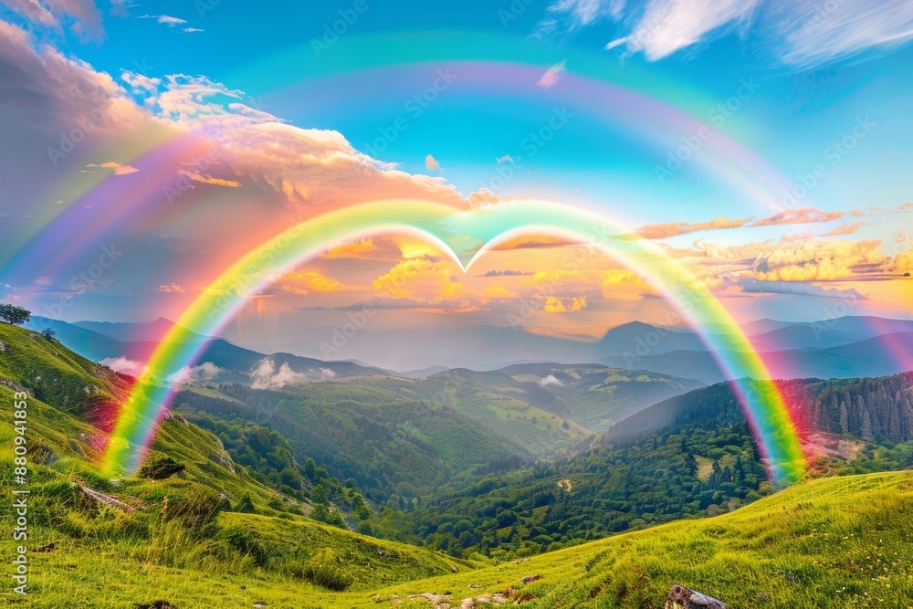 Heart-Shaped Rainbow Over Scenic Valley With Vibrant Colors and Clear Sky - Perfect for Posters or Cards Heart-Shaped Rainbow Over Scenic Valley With Vibrant Colors and Clear Sky - Perfect for Posters or Cards